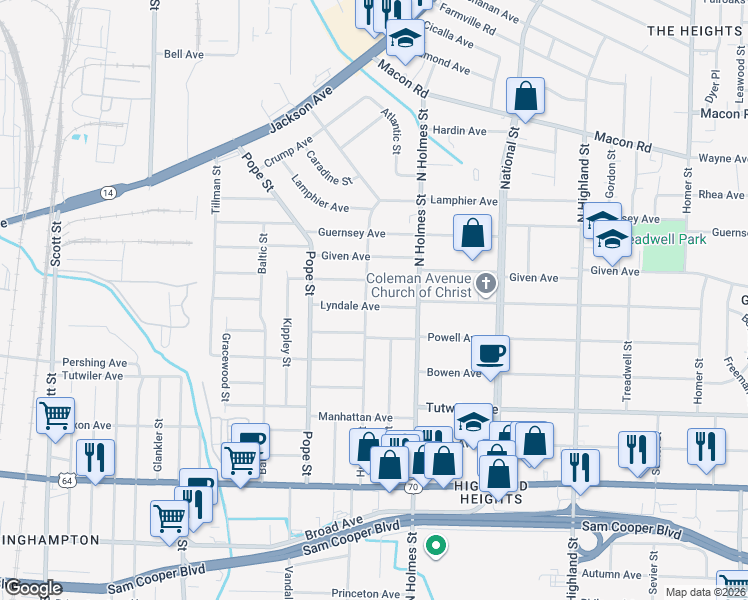 map of restaurants, bars, coffee shops, grocery stores, and more near 3215 Lyndale Avenue in Memphis