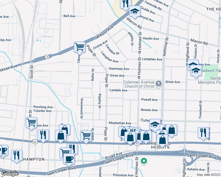 map of restaurants, bars, coffee shops, grocery stores, and more near 3175 Lyndale Avenue in Memphis