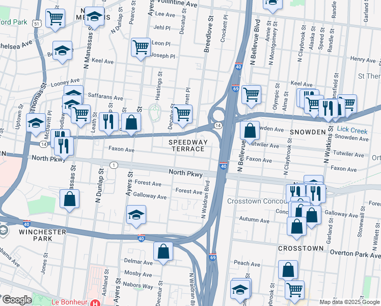 map of restaurants, bars, coffee shops, grocery stores, and more near 1047 Faxon Avenue in Memphis