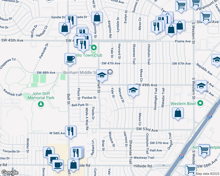 map of restaurants, bars, coffee shops, grocery stores, and more near 4902 Yale Street in Amarillo