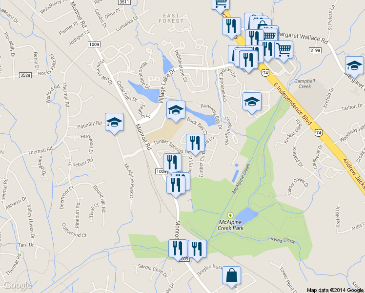 map of restaurants, bars, coffee shops, grocery stores, and more near 8340 Runaway Bay Drive in Charlotte