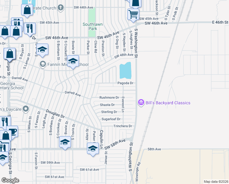 map of restaurants, bars, coffee shops, grocery stores, and more near 1120 Rushmore Drive in Amarillo