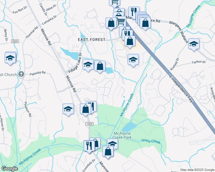 map of restaurants, bars, coffee shops, grocery stores, and more near 2025 Timber Oaks Lane in Charlotte