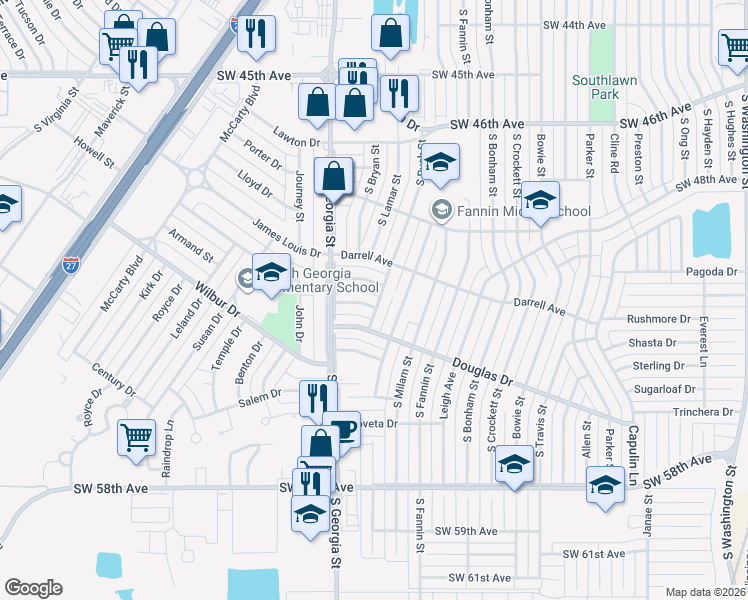 map of restaurants, bars, coffee shops, grocery stores, and more near 2403 Southwest 50th Avenue in Amarillo