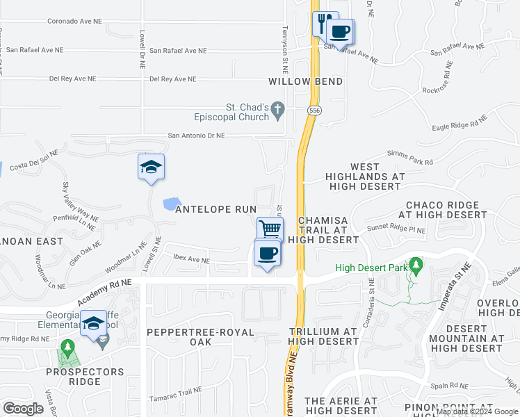 map of restaurants, bars, coffee shops, grocery stores, and more near 6601 Tennyson Street in Albuquerque