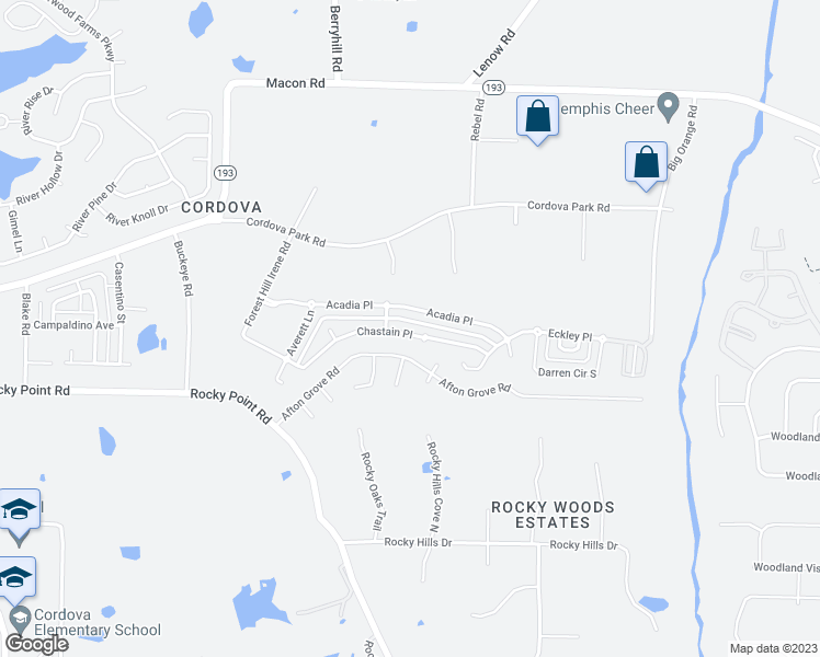 map of restaurants, bars, coffee shops, grocery stores, and more near 9256 Chastain Place in Shelby County