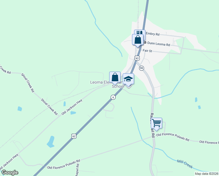 map of restaurants, bars, coffee shops, grocery stores, and more near 2625 U.S. 43 in Leoma