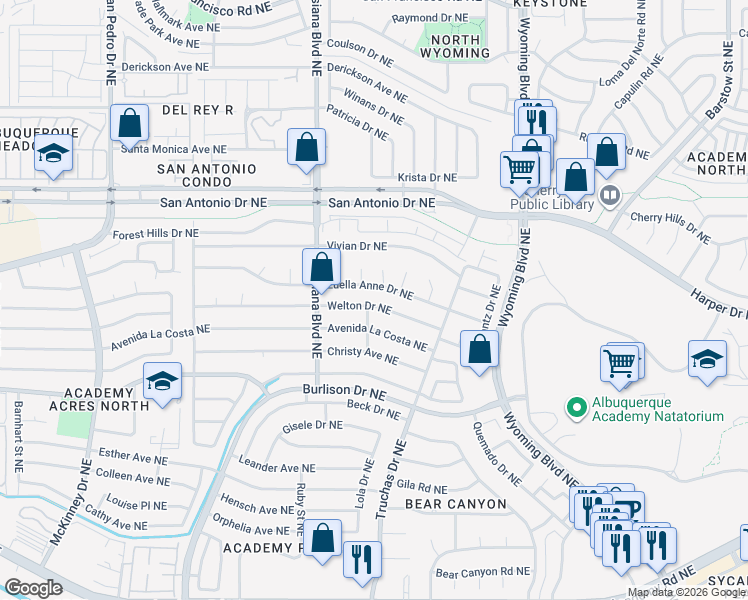 map of restaurants, bars, coffee shops, grocery stores, and more near 7206 Welton Drive Northeast in Albuquerque