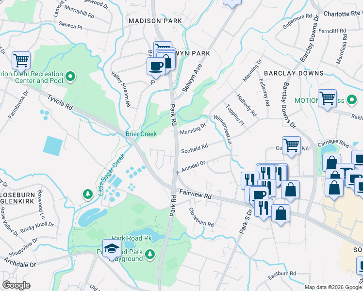 map of restaurants, bars, coffee shops, grocery stores, and more near in Charlotte