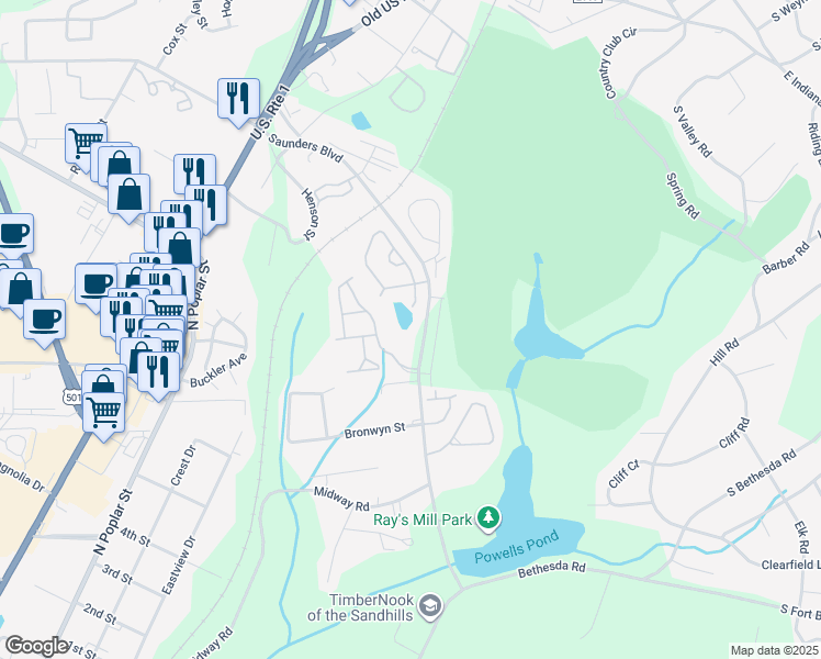 map of restaurants, bars, coffee shops, grocery stores, and more near 400 Saunders Boulevard in Southern Pines