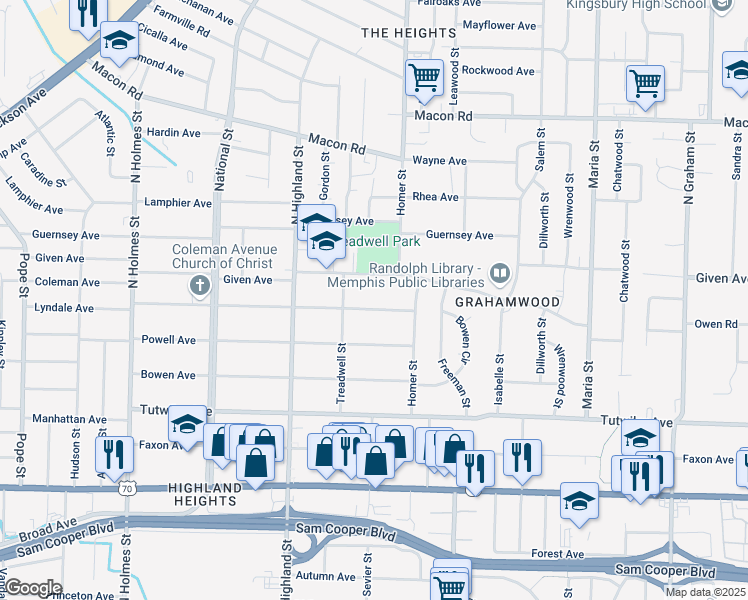 map of restaurants, bars, coffee shops, grocery stores, and more near 3598 Coleman Avenue in Memphis