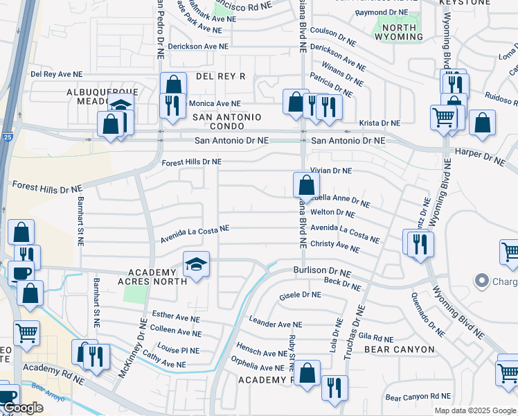 map of restaurants, bars, coffee shops, grocery stores, and more near 6712 Welton Drive Northeast in Albuquerque