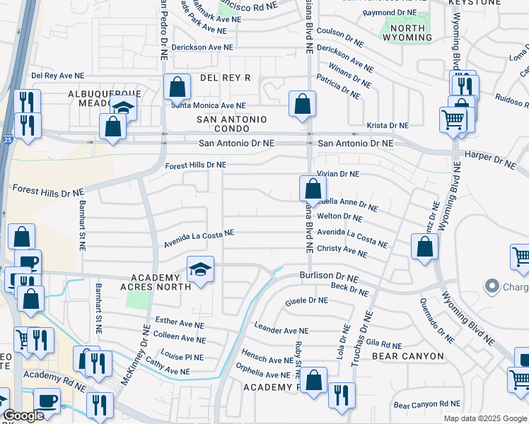 map of restaurants, bars, coffee shops, grocery stores, and more near 6712 Welton Drive Northeast in Albuquerque