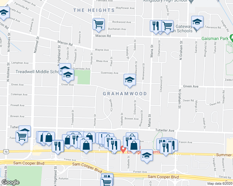 map of restaurants, bars, coffee shops, grocery stores, and more near 861 Isabelle Street in Memphis