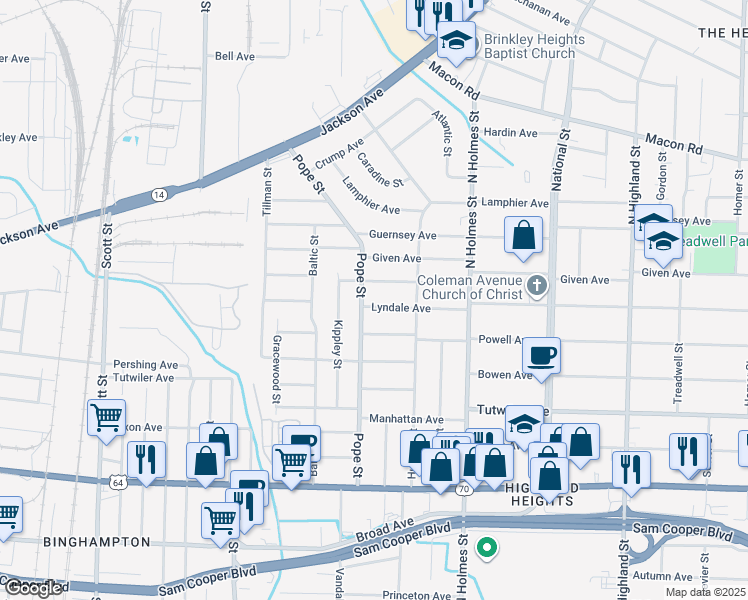map of restaurants, bars, coffee shops, grocery stores, and more near 3175 Lyndale Avenue in Memphis