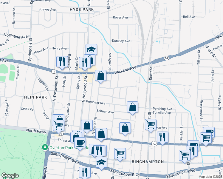 map of restaurants, bars, coffee shops, grocery stores, and more near 2558 Snowden Avenue in Memphis