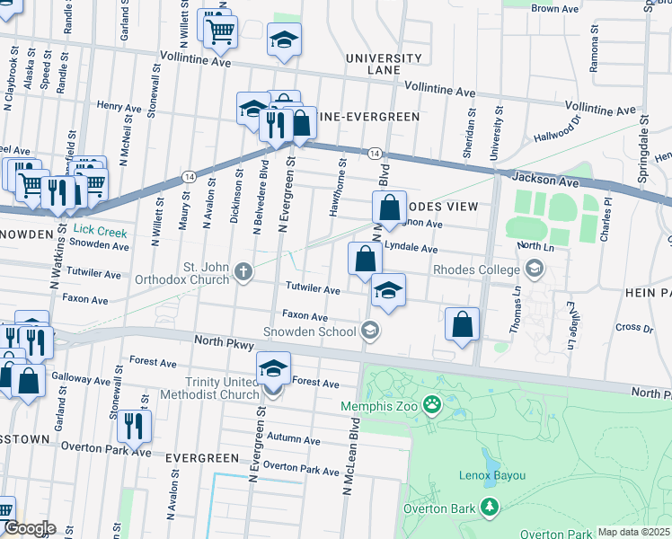 map of restaurants, bars, coffee shops, grocery stores, and more near 1804 Tutwiler Avenue in Memphis