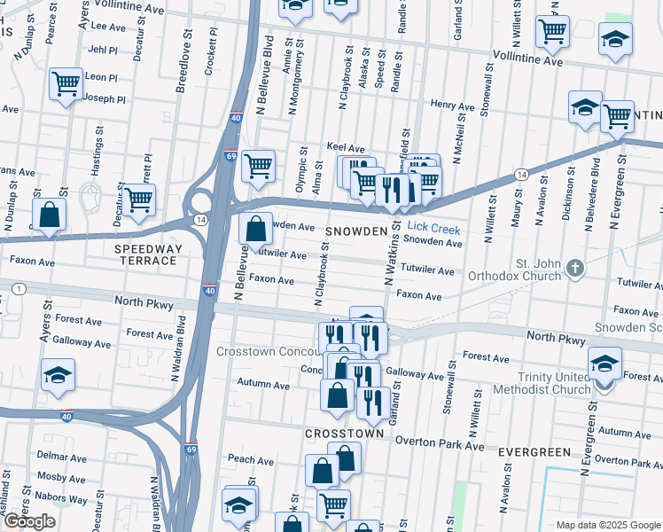 map of restaurants, bars, coffee shops, grocery stores, and more near 1312 Faxon Avenue in Memphis