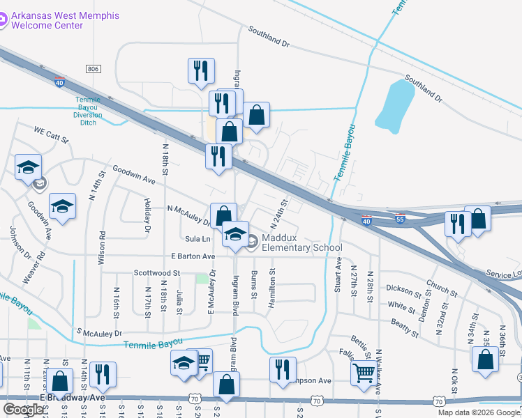 map of restaurants, bars, coffee shops, grocery stores, and more near 2155-2313 Wheeler Avenue in West Memphis