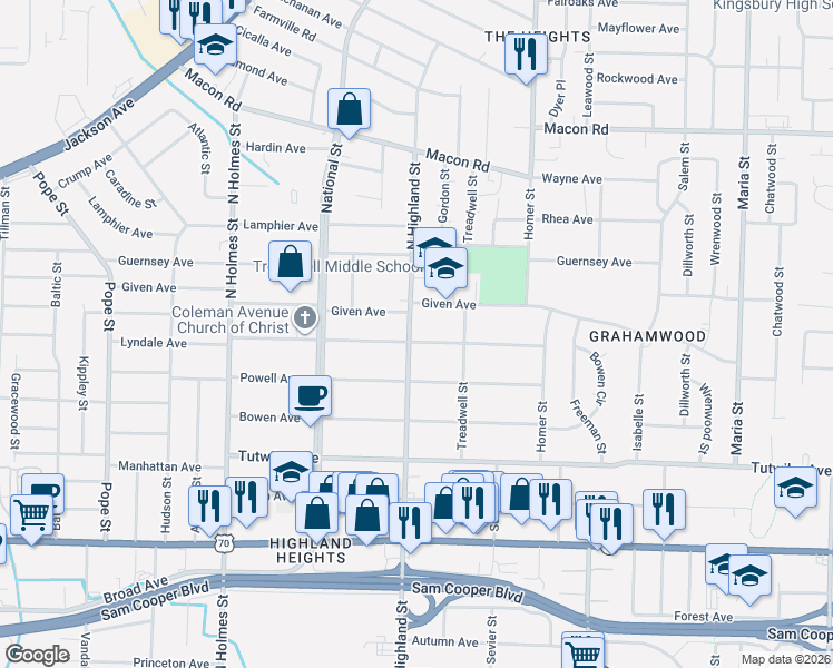 map of restaurants, bars, coffee shops, grocery stores, and more near 3483 Coleman Avenue in Memphis