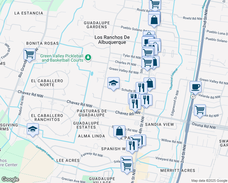 map of restaurants, bars, coffee shops, grocery stores, and more near 620 Schulte Road Northwest in Albuquerque