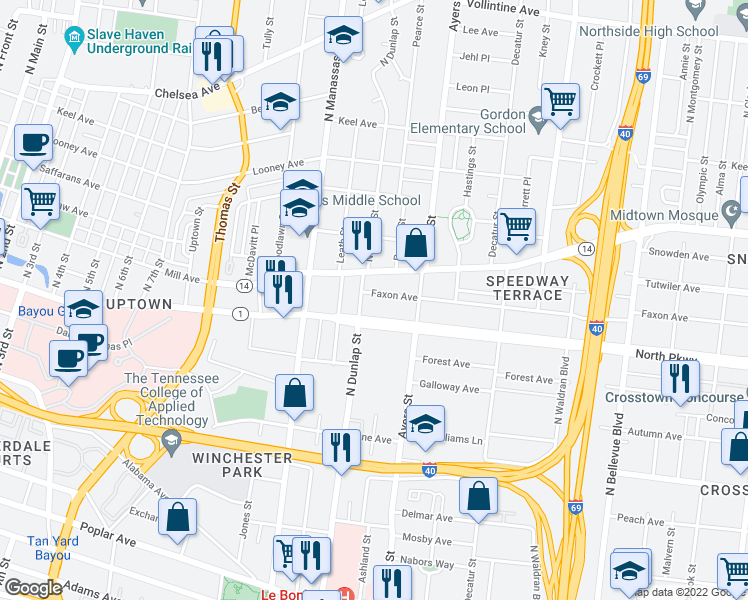 map of restaurants, bars, coffee shops, grocery stores, and more near 853 Faxon Avenue in Memphis