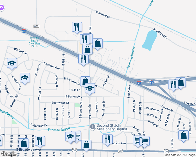 map of restaurants, bars, coffee shops, grocery stores, and more near 2155 Wheeler Avenue in West Memphis