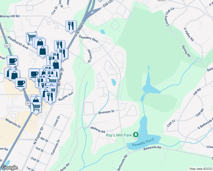 map of restaurants, bars, coffee shops, grocery stores, and more near Churchill Downs Drive in Aberdeen