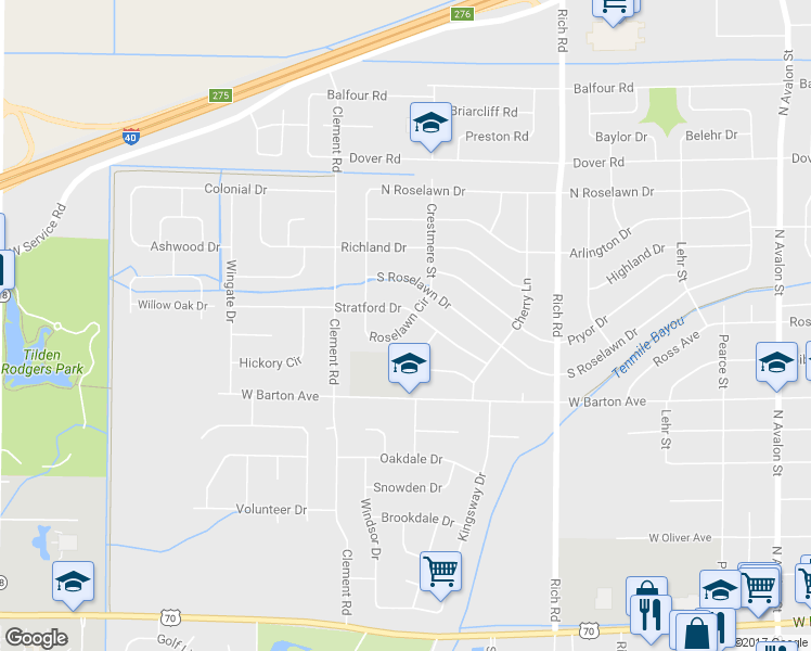 map of restaurants, bars, coffee shops, grocery stores, and more near 1020 Roselawn Circle in West Memphis