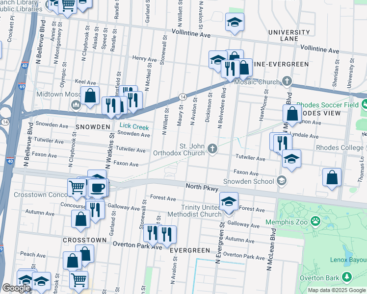 map of restaurants, bars, coffee shops, grocery stores, and more near 1586 Tutwiler Avenue in Memphis