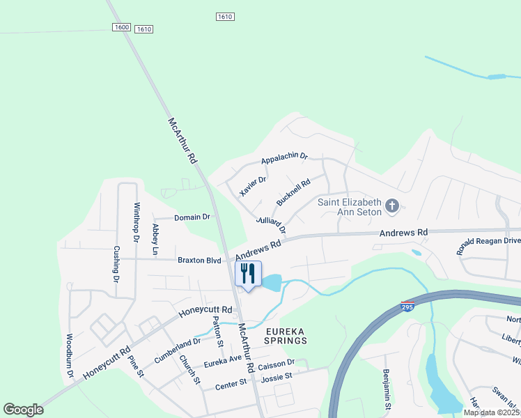 map of restaurants, bars, coffee shops, grocery stores, and more near 1009 Louisburg Place in Fayetteville