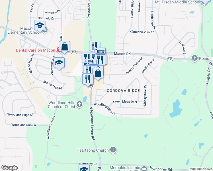 map of restaurants, bars, coffee shops, grocery stores, and more near 10119 Cross Ridge Road in Shelby County