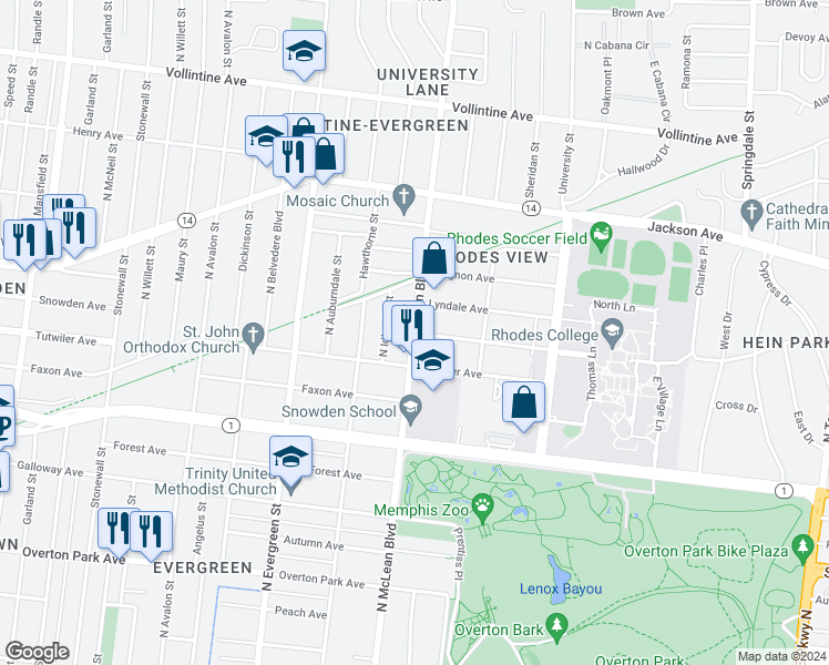 map of restaurants, bars, coffee shops, grocery stores, and more near N McLean Blvd & Snowden Ave in Memphis