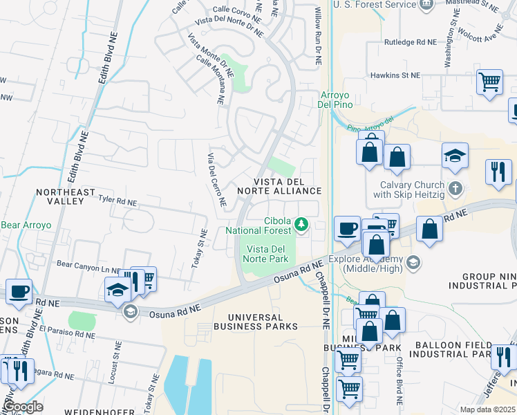 map of restaurants, bars, coffee shops, grocery stores, and more near 6800 Vista Del Norte Road Northeast in Albuquerque