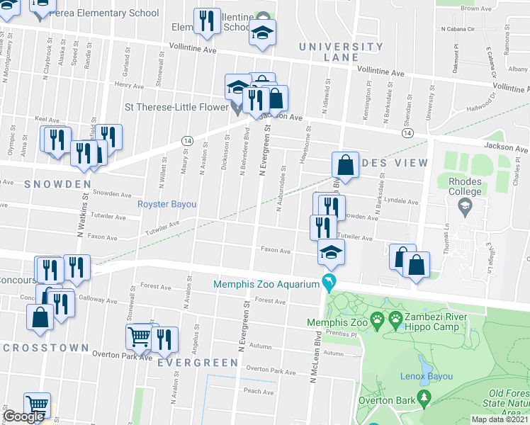 map of restaurants, bars, coffee shops, grocery stores, and more near 658 North Evergreen Street in Memphis