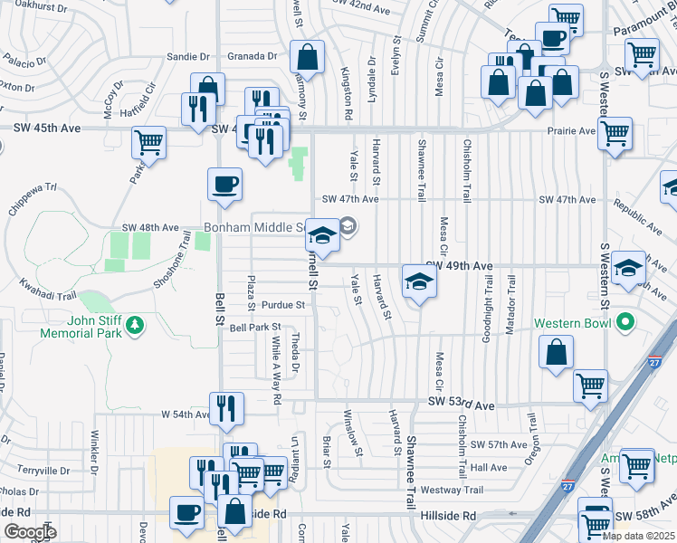 map of restaurants, bars, coffee shops, grocery stores, and more near 5515 Southwest 49th Avenue in Amarillo