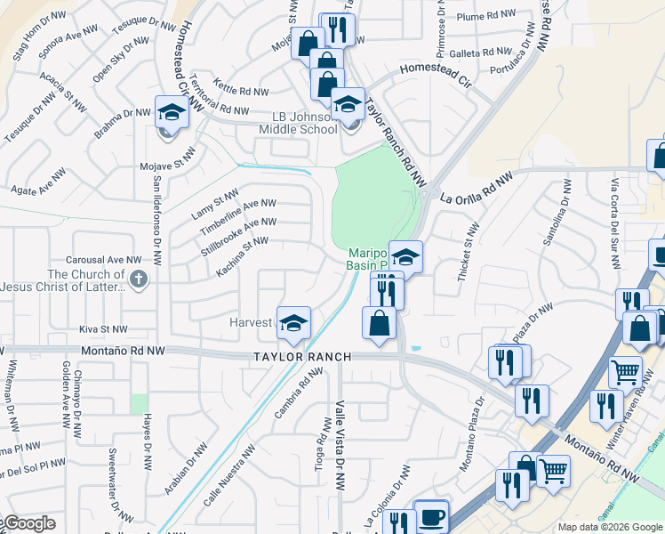 map of restaurants, bars, coffee shops, grocery stores, and more near 5115 Montano Pointe Court Northwest in Albuquerque