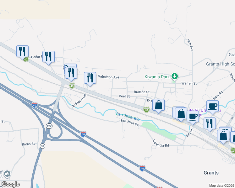 map of restaurants, bars, coffee shops, grocery stores, and more near 1300 West Santa Fe Avenue in Grants