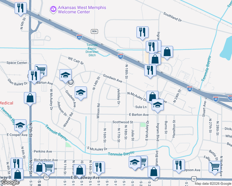 map of restaurants, bars, coffee shops, grocery stores, and more near 37 Holiday Drive in West Memphis