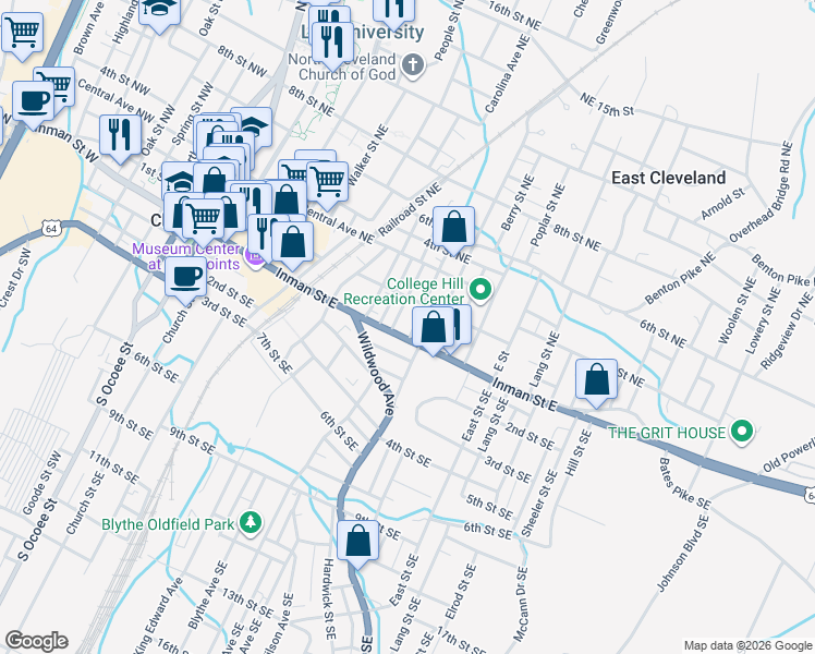 map of restaurants, bars, coffee shops, grocery stores, and more near 575 1st Street Southeast in Cleveland