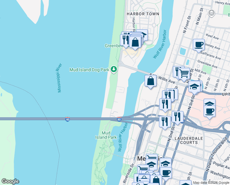 map of restaurants, bars, coffee shops, grocery stores, and more near 306 Island Drive in Memphis