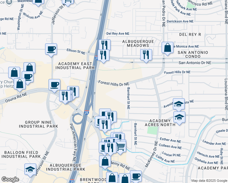 map of restaurants, bars, coffee shops, grocery stores, and more near 5900 Forest Hills Drive Northeast in Albuquerque