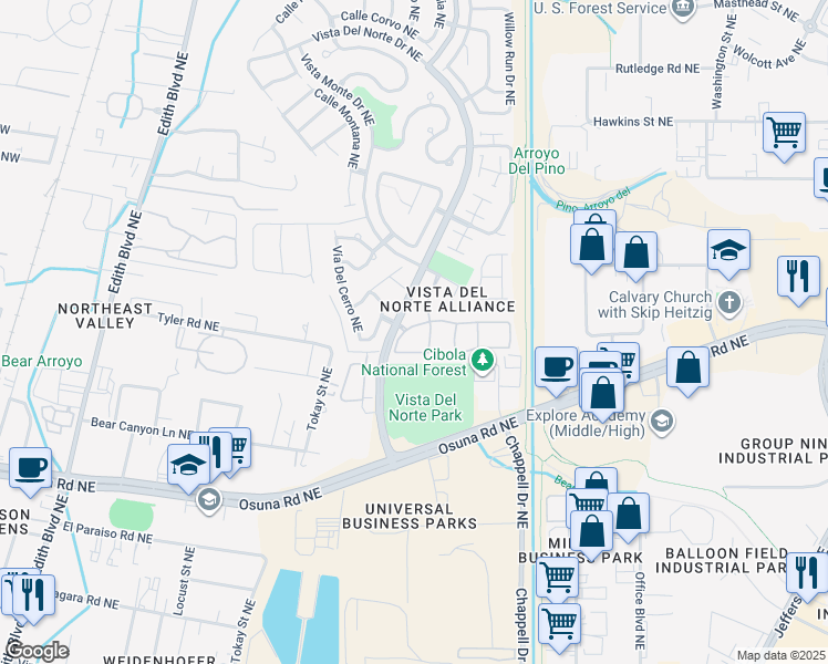 map of restaurants, bars, coffee shops, grocery stores, and more near 6800 Vista Del Norte Road Northeast in Albuquerque