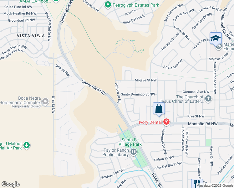 map of restaurants, bars, coffee shops, grocery stores, and more near 6223 Black Ridge Drive Northwest in Albuquerque