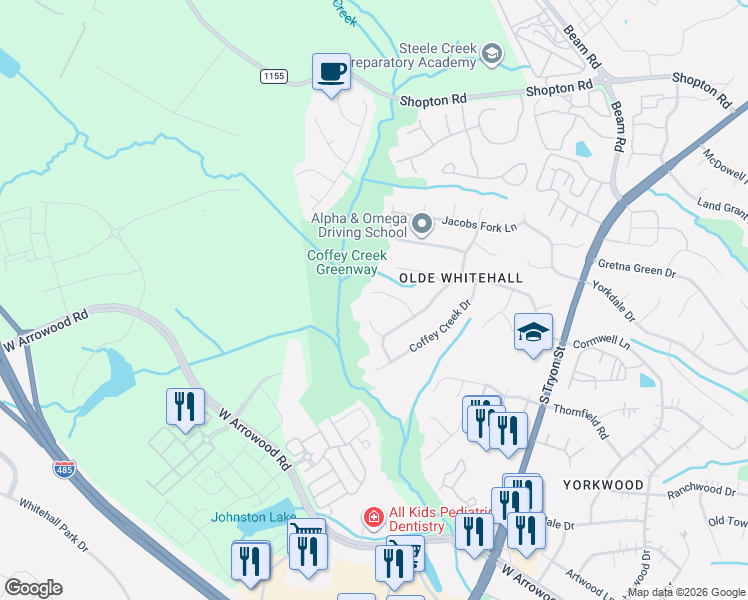 map of restaurants, bars, coffee shops, grocery stores, and more near 7313 Little Buggy Lane in Charlotte