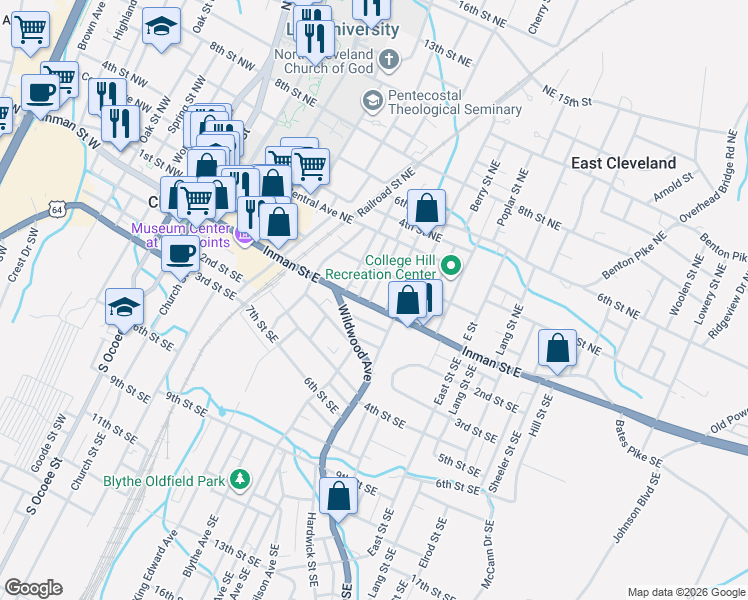 map of restaurants, bars, coffee shops, grocery stores, and more near 575 1st Street Southeast in Cleveland
