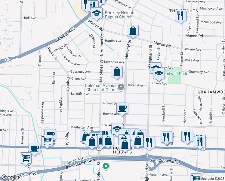 map of restaurants, bars, coffee shops, grocery stores, and more near 3353 Coleman Avenue in Memphis
