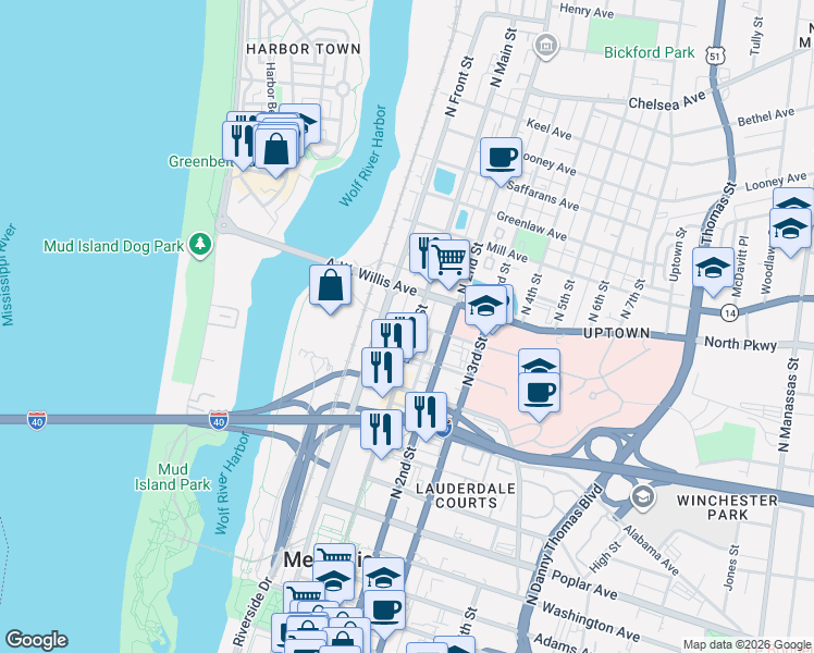 map of restaurants, bars, coffee shops, grocery stores, and more near in Memphis