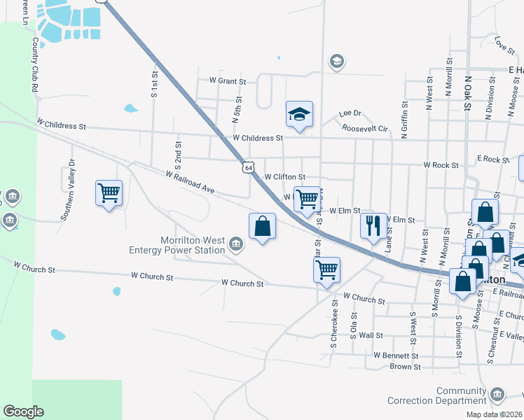 map of restaurants, bars, coffee shops, grocery stores, and more near 1111 West Broadway Street in Morrilton