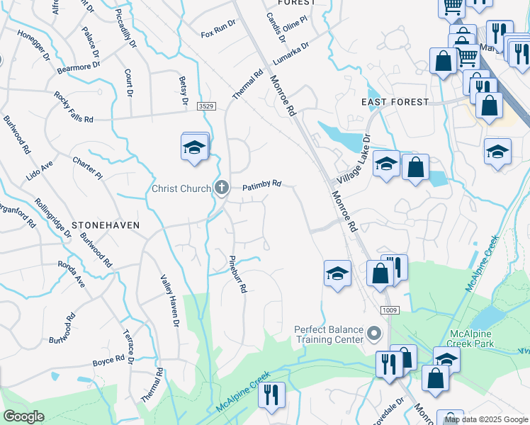 map of restaurants, bars, coffee shops, grocery stores, and more near 7000 Fernwood Drive in Charlotte